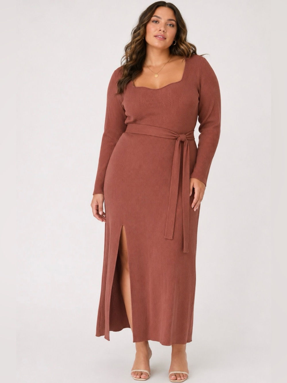 Dynamite Ribbed Knit Belted Maxi Dress Rust Brown Large